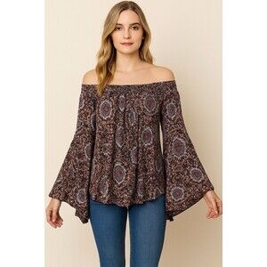 Altar’d State Boho Blouse Womens S Bell Sleeve Off Shoulder Festival Peasant Top
